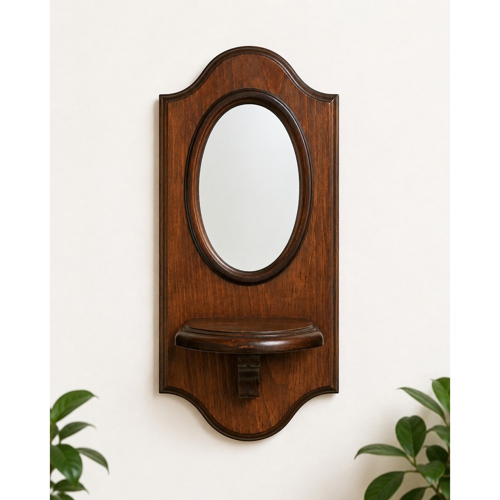 Vintage Wood Wall Mirror Shelf Brown Oval Mirror Display Shelf 13x6